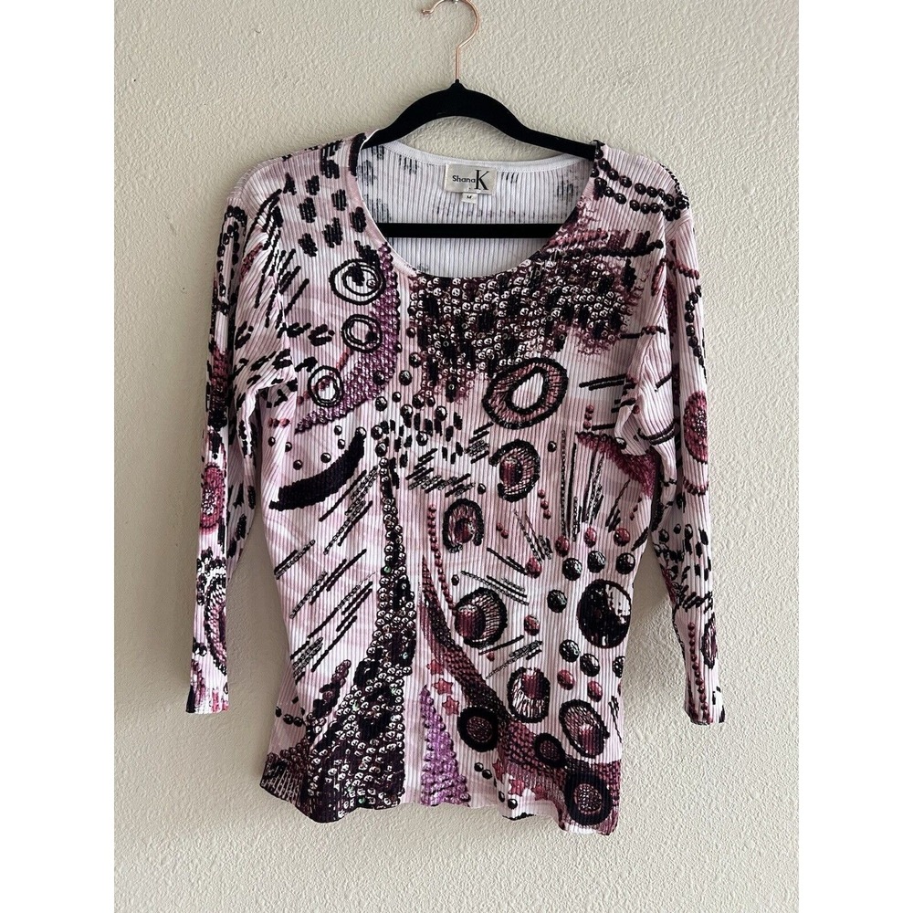 Shana K Y2K Embellished Ribbed Knit Top Beaded Sequin Festival Abstract Artsy
